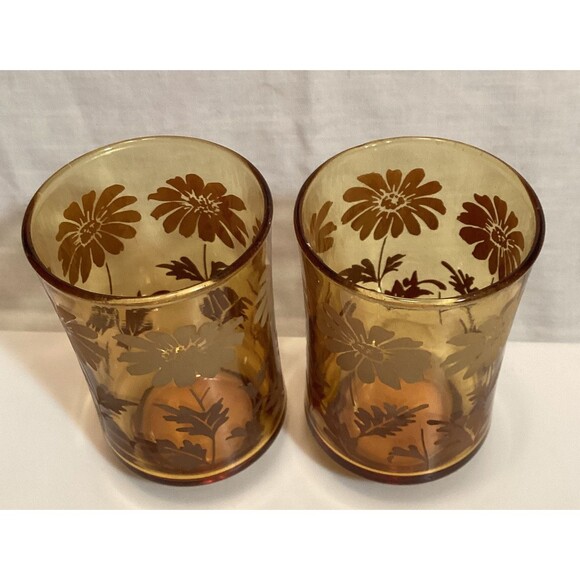 Libbey Brown/Amber Fade Daisy Small Juice Glasses Vintage Floral Pattern Retro - Picture 2 of 13